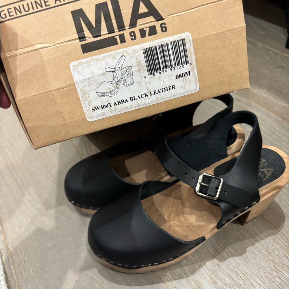 MIA Black Leather Platform Clogs